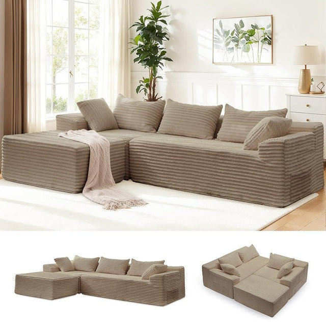 Korser 110" L-Shaped Modular Sectional Sofa with Chaise, Boneless Comfy Corduroy Fluffy Couch with Deep Seat and Side Pockets, Flexible Module Combination for Living Room, No Assembly, Side Pockets
