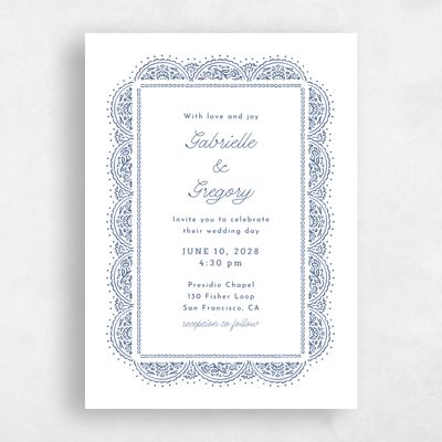 Dark Cobalt, White Wedding Invitation - Carmel Portrait