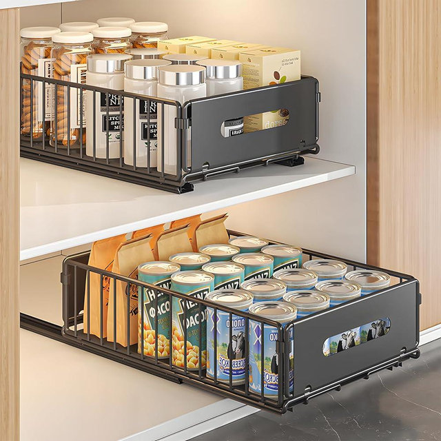 NECHEGI Pull Out Cabinet Organizer, 2 Pack Heavy Duty Slide Out Drawers Pantry Shelves Fixed With Strong Adhesive Glue and Handle for Kitchen, Living Room, Bathroom, Home (14.8" D X 9.6" W X 3.9" H)