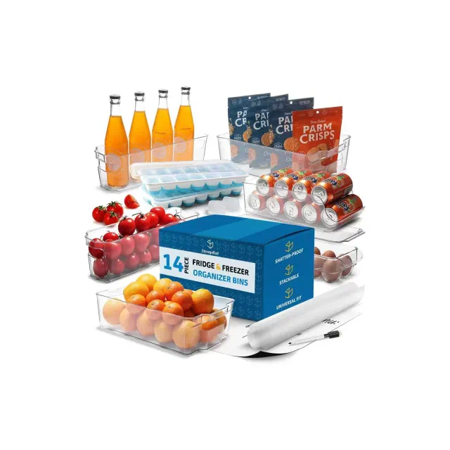 StorageBud Clear Fridge Organizer Bins, 14 Piece Fridge & Freezer Bin Set