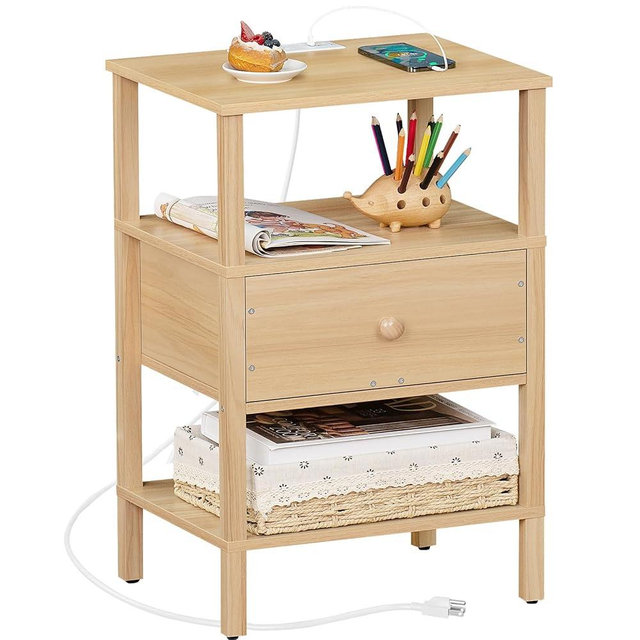 Lerliuo Nightstand with Charging Station and USB Ports, 3-Tier Storage End Table with Drawer Shelf, Night Stand for Small Spaces, Wood Bedside Table for Living Room, Bedroom - Natural Wood