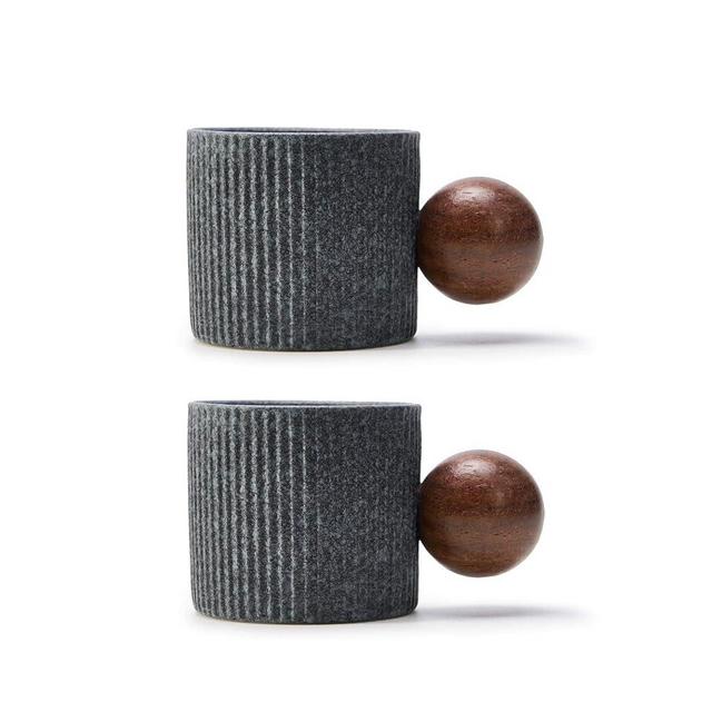 CLASGLAZ Ceramic Mini Espresso Cups Demitasse Cups with Round Wooden Handle Vertical Stripes Tea Cups (gray, 2pcs)