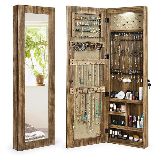 SRIWATANA Jewelry Armoire Cabinet, Solid Wood Jewelry Organizer with Full Length Mirror Wall/Door Mounted(Carbonized Black)