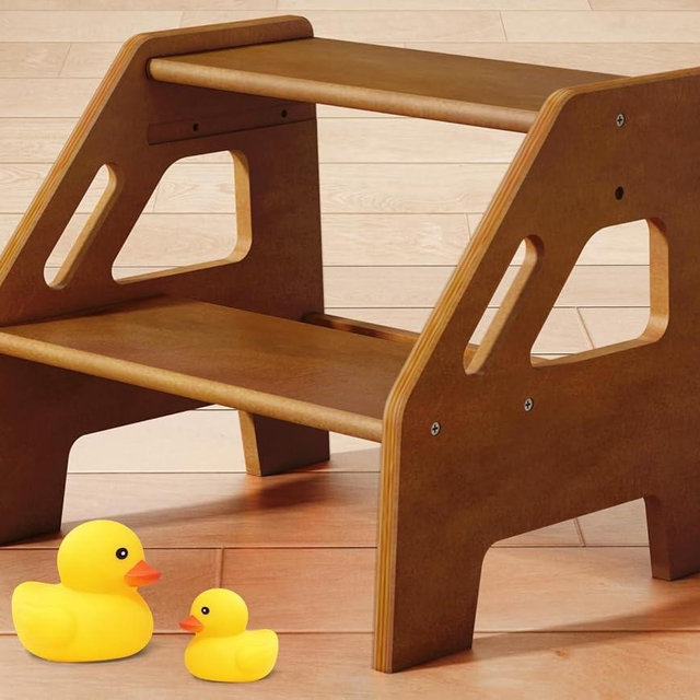 Harwaya Wooden Toddler Step Stool for Bathroom Sink, Dark Wood Kids Toilet Step Stool for Toddlers Potty Training, Baby Child Stepping Stools with Handle for Bedroom Bed Kitchen Counter (Walnut Brown)