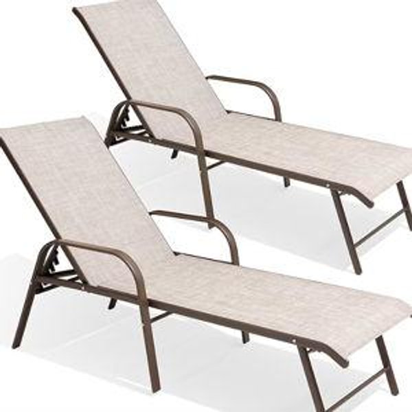 Crestlive Products Aluminum Chaise Lounge Chair Set of 2 Aluminum Aluminum Frame Stationary Chaise Lounge Chair with Off-white Texteline Sling Seat