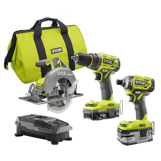 Ryobi P1837 18V One+ Cordless Brushless 3 Tool Combo Contractor Kit (9 pieces: Drill/Driver, Impact Driver, Circular Saw, 7-1/4 in Blade, Blade Wrench, Charger, 2.0 & 3.0 Ah Batteries, Bag)