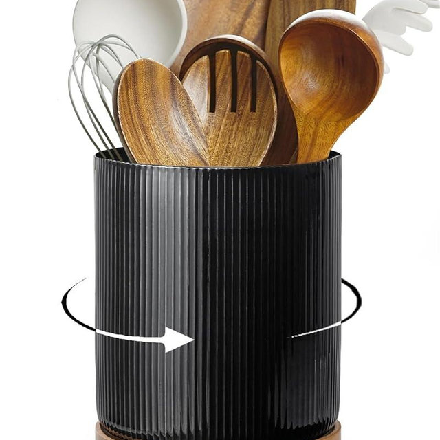 getstar 360° Rotating Large Kitchen Utensil Holder, Ceramic Cooking Utensil Holder for Kitchen Counter with Rotatable and Detachable Wooden Base (Black)