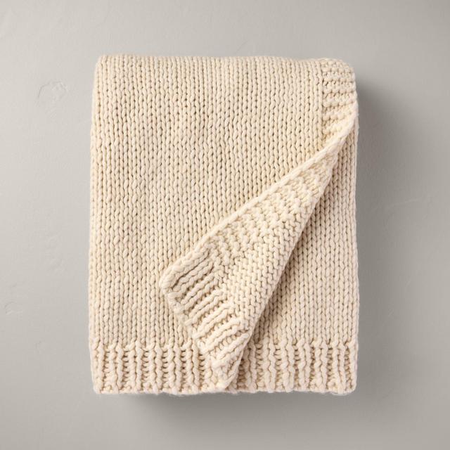 Chunky Knit Bordered Throw Blanket Cream - Hearth & Hand™ with Magnolia