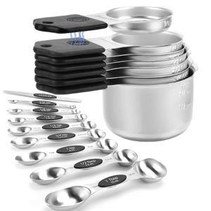 Magnetic Measuring Cups and Spoons Set-Heavy Duty 304 Stainless Steel，Double Measurement Markings，Set of 16 with Leveler for Measure Dry and Liquid Ingredients (Black)