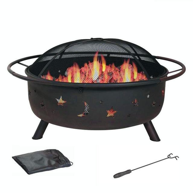 Large Cosmic Outdoor Patio Fire Pit with Charchol Grill, Fireplace Poker, Wood Burning Patio & Backyard Firepit for Outside with Round Spark Screen - by HomeRoots (30 Inch)