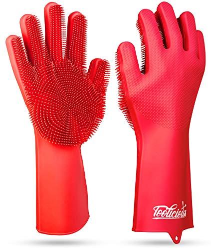 Magic SakSak Reusable Silicone Dishwashing Gloves | Pair Of Rubber Scrubbing Gloves For Dishes | Wash Cleaning Gloves With Sponge Scrubbers For Washing Kitchen, Bathroom, Car and More, Red, 14.5 Inch