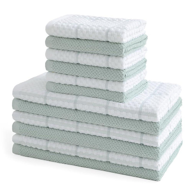 QAJ 12 Pack Kitchen Towels and Dishcloths Set, 100% Cotton Soft and Absorbent Kitchen Towels 16 x 25 inche & 13 x 13inche Dishcloths