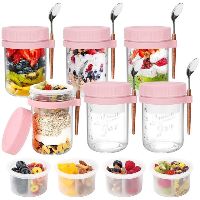 OcePor 6 Pack Overnight Oats Containers with Lids and Spoons, 16 oz Glass Mason Overnight Oats Jars with Removable Separate Compartments, Large Capacity Airtight Jars for Milk, Cereal, Fruit (Pink)