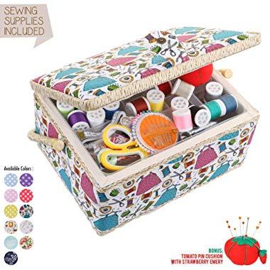 Medium Sewing Basket Organizer with Complete Sewing Kit Accessories Included - Wooden Sewing Box Kit with Removable Tray and Tomato Pincushion for Sewing Mending - White