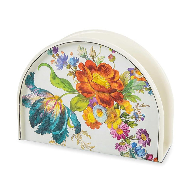 MACKENZIE-CHILDS Enamel Napkin Holder, Floral Kitchen Napkin Holder for Table and Countertop, White Flower Market