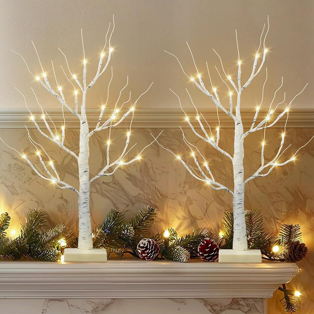 encavy Christmas Decorations Indoor,2 Pack 2 FT White Lighted Birch Tree with Led Lights,Christmas Tree Decorations,Table Top Decor for Home Hanging Ornaments Halloween Valentines,Battery Operated