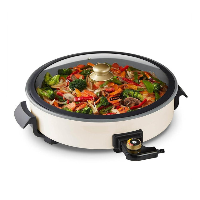 Dash Family Size 14" Skillet - Electric Skillet for Multi-Purpose Cooking - Ceramic Coating Cooking Surface - Tempered Glass Lid & Cool-Touch Handles - Cream