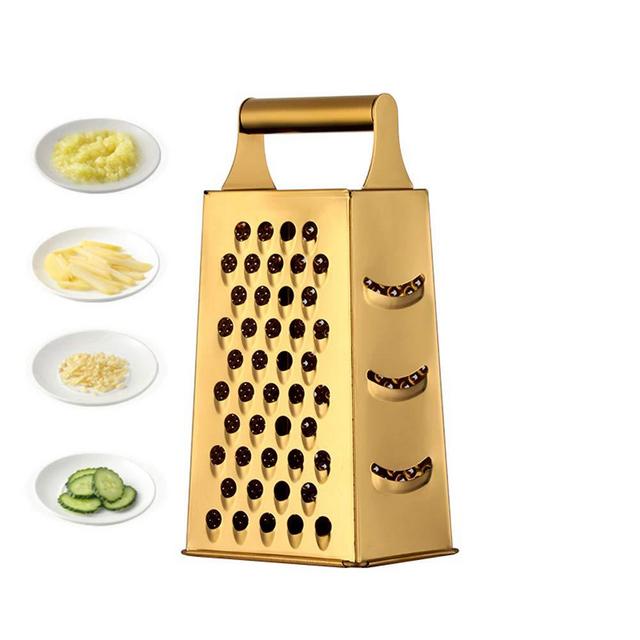 Large Stainless Steel 4 Sides Grater Slicer with Handle, Multifunctional Cutter Planing for Ginger, Garlic, Cucumbers, Carrots, Cheese, Potato, Ergonomic Design Kitchen Gadgets Accessories Gold