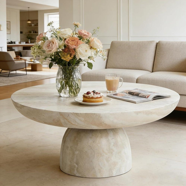 YOPENG 31.5" Modern Faux Marble Coffee Table, Round Stone Coffee Table with Cylindrical Leg, Fiberglass Drum Circle Center Table, Sofa Side End Tables for Living Room Apartment Home Cocktail Tea