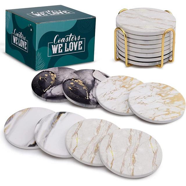 Marble Look Gold Table Coasters for Drinks, 8pc Thirsty 4" Absorbent Ceramic Stone Coasters with Gold Coaster Holder