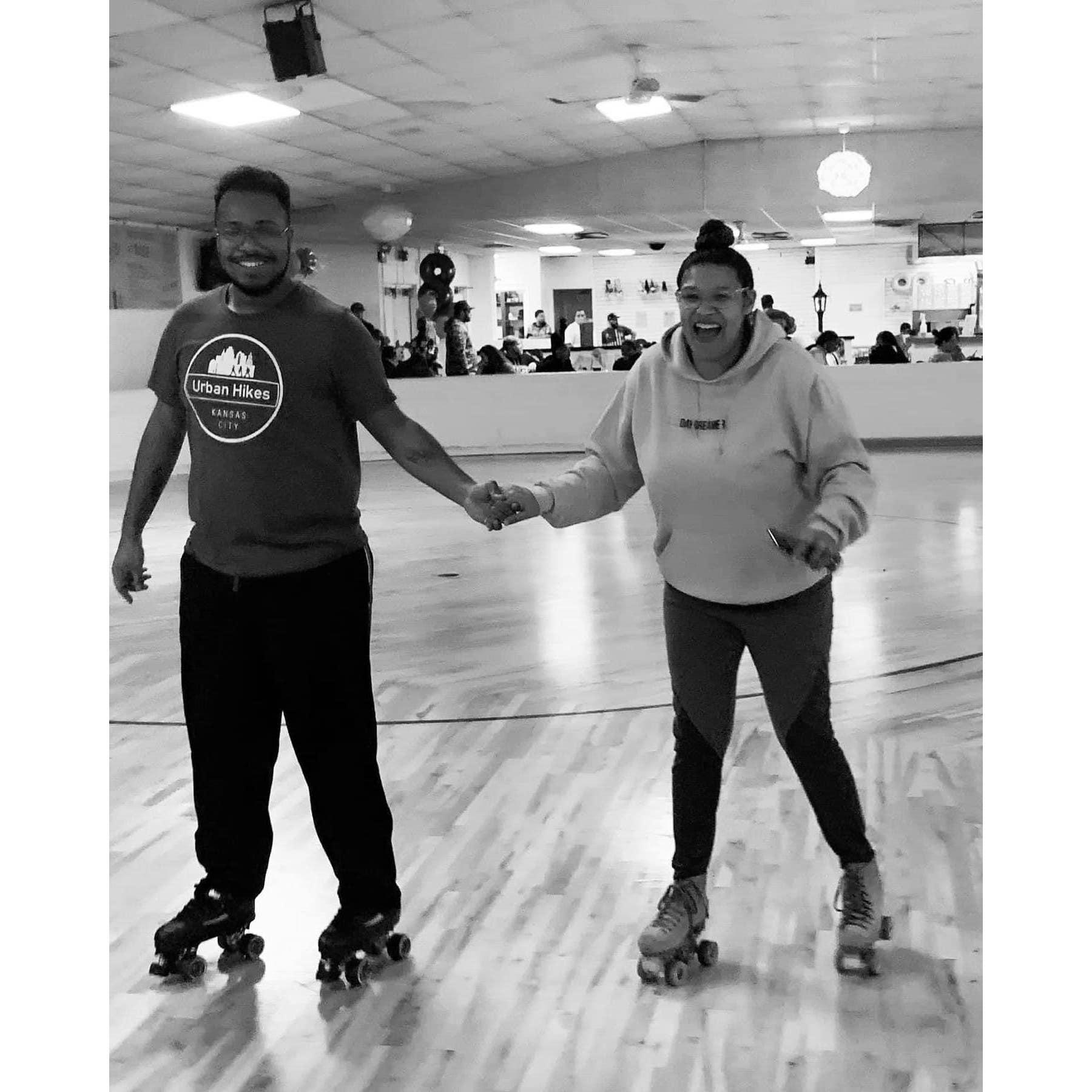Enjoying ourselves at our son's skating party.