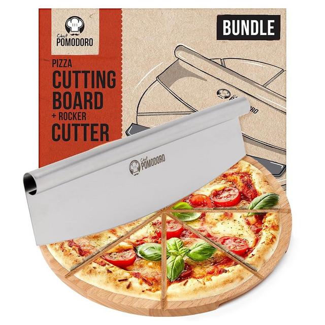 Chef Pomodoro 14" Pizza Cutter Rocker Blade and Pizza Cutting Board Set – Premium Stainless Steel Pizza Slicer with Wooden Pizza Serving Board – Pizza Wooden Board with Pizza Cutting Guide