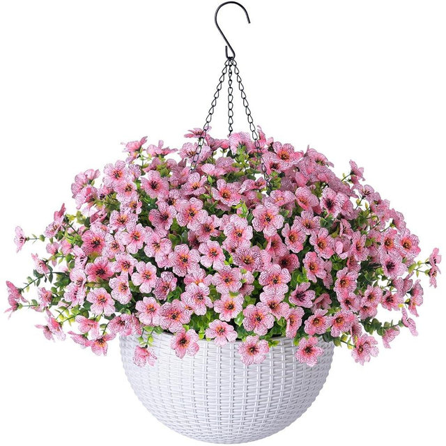 Artificial Fake Hanging Plants Flowers Basket for Outdoor Outside Summer Decor, Faux Silk Pink Daisy Realistic UV Resistant for Porch Patio Balcony Home Yard
