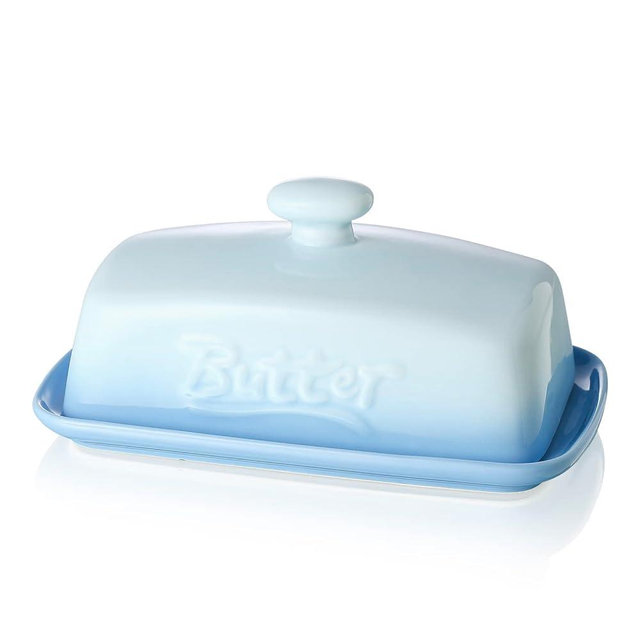 Large Porcelain Butter Dish with Lid, Henten Home Classic Color Changing Butter Keeper for Countertop, Large Butter Holder for Butter Storage, Dishwasher Safe (Sky Blue)