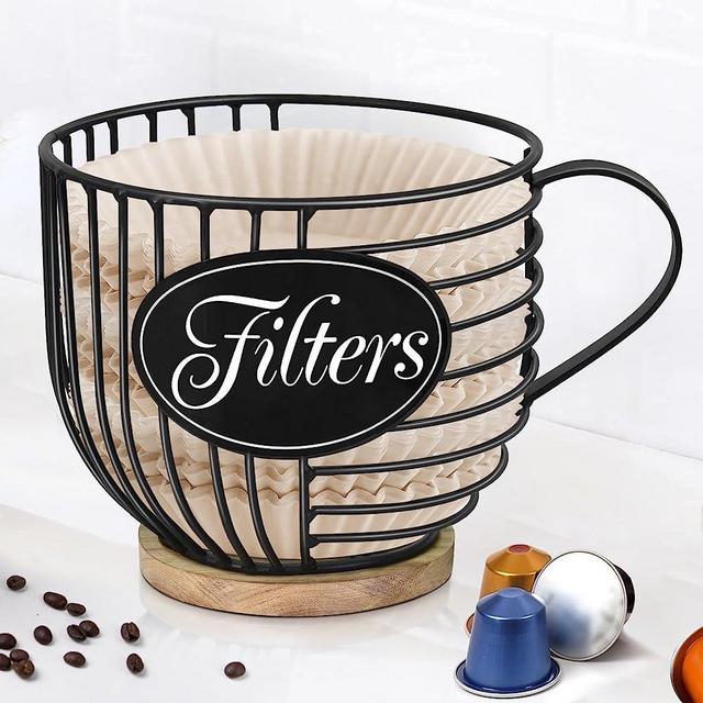 Rustic Coffee Pod Holder, Coffee Bar Accessories Organizer for Coffee Bar Decor, Coffee Filter Holder Organizer Station, Coffee Filter Storage Container Basket, Black Wire With Wood Base
