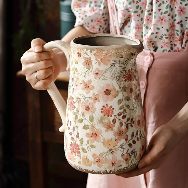 XIUWOUG Vintage Floral Ceramic Vase with Handle, Retro Ice Cracked Farmhouse Pitcher Vase for Home Decor, Living Room,Office, Rustic Table Centerpiece,A2