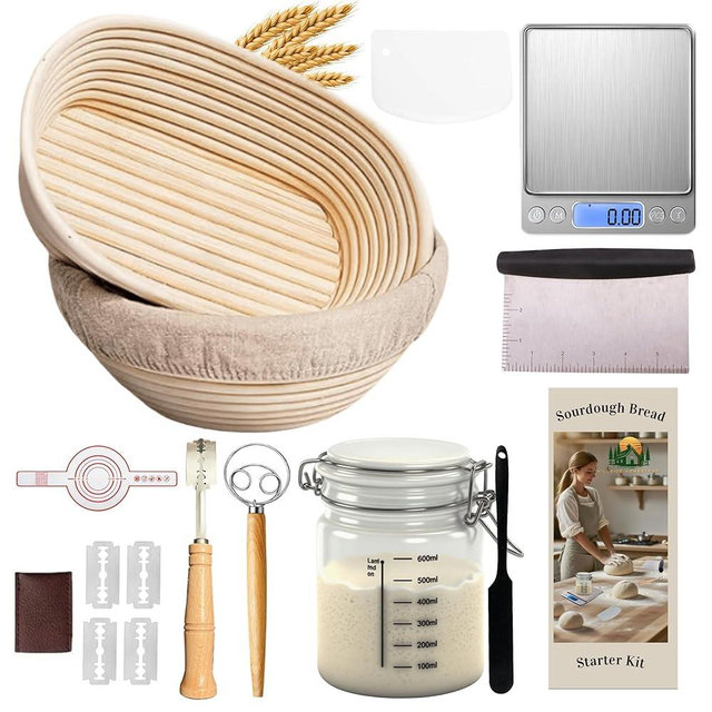 Sourdough Starter Kit Complete Sourdough Bread Baking Supplies with Banneton Bread Proofing Basket Sourdough Starter Jar | Food scale & more | Gift friendly Sour dough kit or any bread making kit
