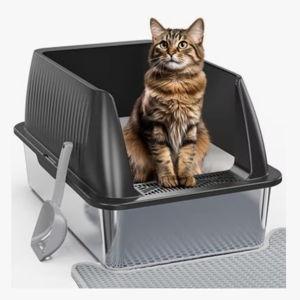 Petterm Stainless Steel Cat Litter Box with Scoop & Mat, Black, X-Large