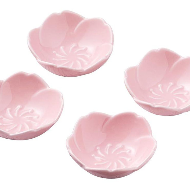 CLAY TONIC 4 PC- Pink Cherry Blossom Porcelain Sauce Dish, Seasoning Dish, Sushi Soy Dipping Bowl, Appetizer Plates, Serving Dish for Kitchen Home (Set of 4, Pink)…