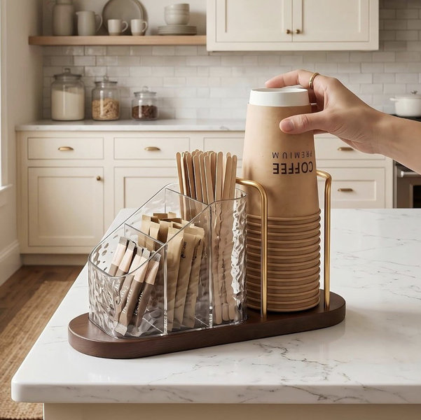GOYLSER Coffee Bar Organizer with Straw & Stirrer Acrylic Storage Caddy for Cups Lids, Coffee Organization Station Home Kitchen Office Coffee Cup Holder for Countertop, Gold