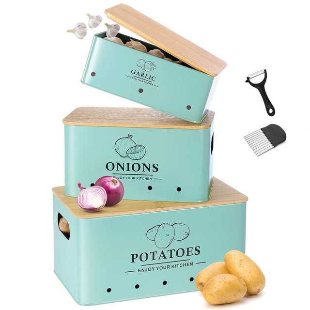 Dekosilave Kitchen Vegetable Storage Set of 3, Metal Onion Garlic Potato Storage Set, Kitchen Canisters Vegetable Keeper Containers with Aerating Holes and Wooden Lid (Blue)