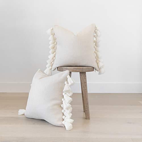 Woven Nook Decorative Throw Pillow Covers ONLY for Couch, Sofa, or Bed Set of 2 18 x 18 inch Modern Quality Design 100% Cotton Thick Woven Tassel Pom Pom All White