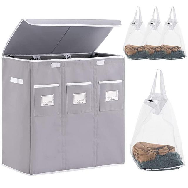YOUDENOVA 140L Laundry Hamper Basket 3 Section with Lid, Large Clothes Hamper for Laundry with Removable Bags, Divided Laundry Basket for Bedroom, Bathroom, Dorm, Grey
