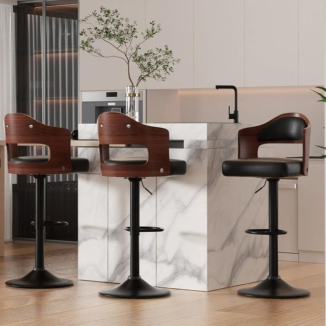 Nalupatio Swivel Bar Stools Set of 3 Seat Adjustable Height 24.5-33.5IN, Wooden Barstools PU Leather Upholstered Bar Chairs with Back & Footrest for Bar Kitchen Dining Room