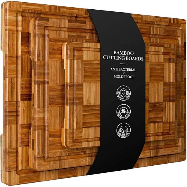 Extra Large Bamboo Cutting Boards, (Set of 3) Chopping Boards with Juice Groove Organic Bamboo Wood Cutting Board Set Butcher Block for Kitchen, End Grain Serving Tray by Kikcoin