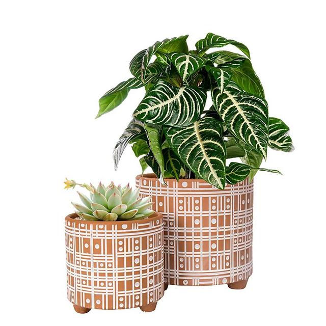 Set of 2 Ceramic Planter Pot, Indoor Plant Pot with Drainage Hole, 4 Inch & 6 Inch, Terracotta/White