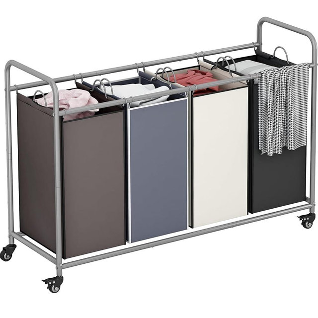 LINZINAR 4 Bag Laundry Basket Sorter Laundry Hamper Cart with Heavy Duty Rolling Lockable Wheels and Removable Bags, Assorted