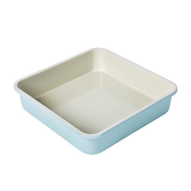 Bakeley 9 x 9 Inch Square Brownie Cake Pan, Non-Stick Carbon Steel Naturally Slick Ceramic Coating Steel - Lemon Bars Bakeware Oven for Cakes, Bread 9.6" x 9.6" (Beige and Blue)