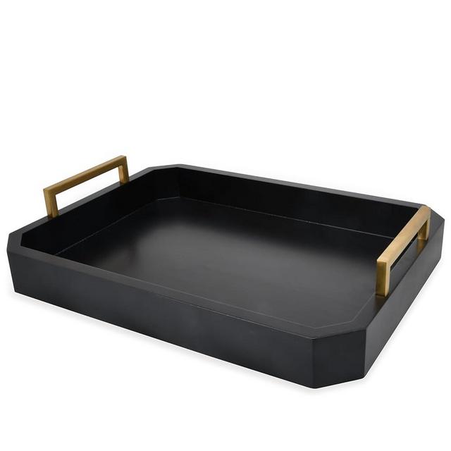 Fine Nest Home Decorative Acacia Wood Ottoman Tray - Coffee Table Tray - Breakfast, Party, Drinks, Snack, Liquor Serving Platter - Farmhouse to Modern - Brass Handles (Midnight Black)