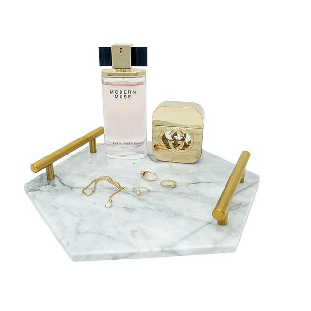 White Marble Tray with Gold Handles - Real Marble Perfume Tray for Vanity - Chic Modern Hexagon Tray (Hexagon, White)