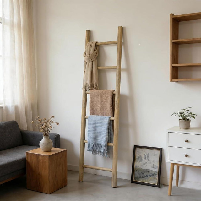 Oujchenghome Wooden Blanket Ladder - 76in Natural & Motley Wood - Leaning Wall Decor for Bedroom, Bathroom, Living Room - Rustic Quilt Holder & Towel Rack (76in | Pre Assembled,Brown)