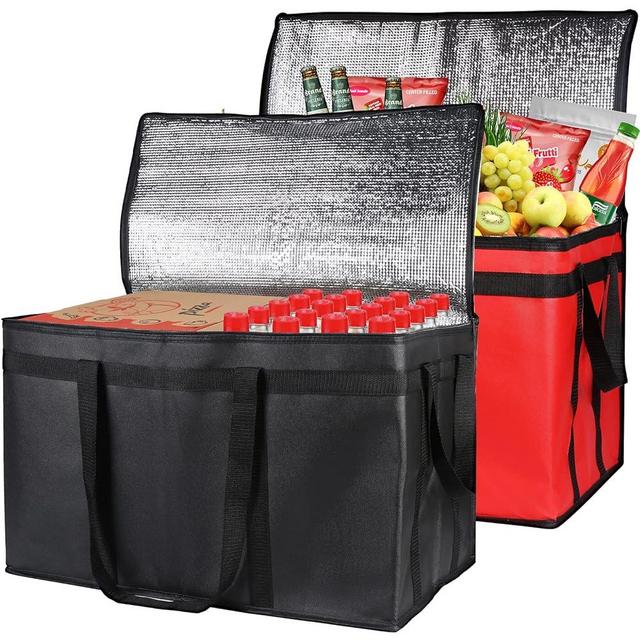 Bodaon 2-Pack Insulated Food Delivery Bag, XXX-Large Meal Grocery Tote Insulation Bag for Hot and cold Food, Commercial, Large Capacity Reusable Warming Bag, Black + Red