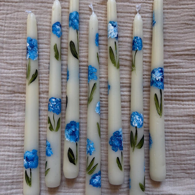 Hand Painted Hydrangea Taper Candles: Floral Spring Decor, Set of 2