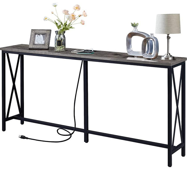 SUPERJARE 70.9 Inch Console Table with 2 Outlets and 2 USB Ports, Extra Long Entryway Table with Metal Frame and X-Shaped Design, Narrow Sofa Table for Living Room and Hallway - Gray