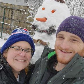 Our first snowman, made from dog toys of course!