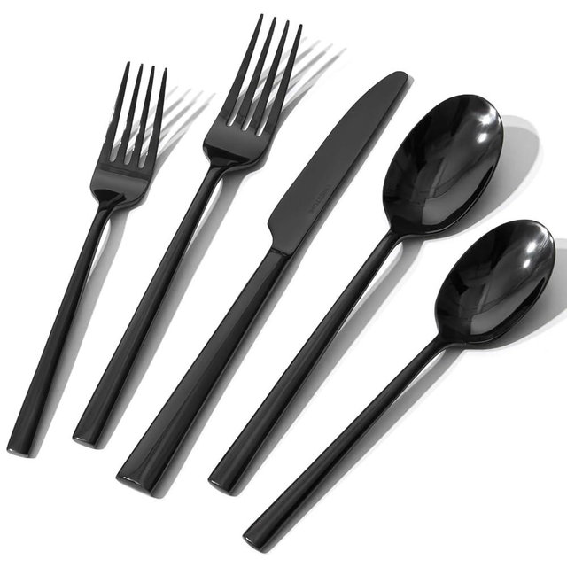 KINGSTONE Black Silverware Set, 20-Piece Forged Flatware Set Cutlery Set Premium Stainless Steel, Service for 4, for Kitchen, Home, Wedding, Party, Mirror Polished and Dishwasher Safe